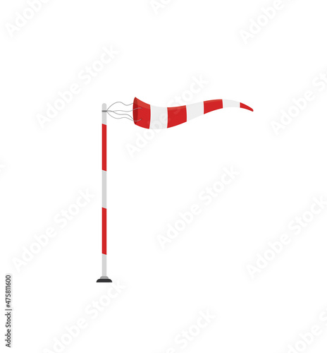 Cone meteorology windsock wind vane isolated on white background. Red and white striped wind gauge indicator.