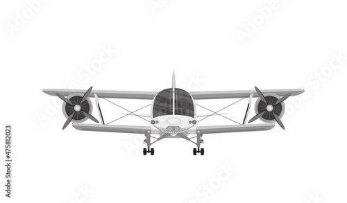 Biplane. Retro airplane illustration. Vintage plane front view. Isolated vector illustration. Plane icon.