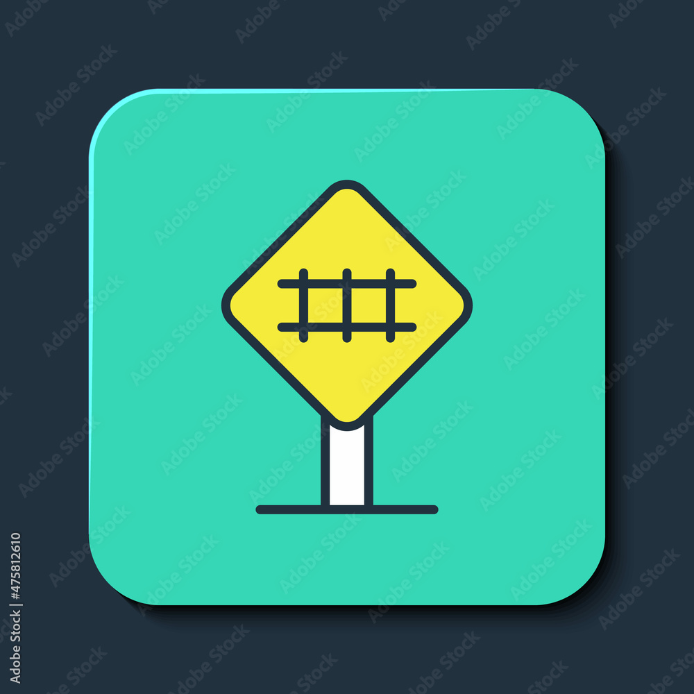 Filled outline Railroad crossing icon isolated on blue background. Railway sign. Turquoise square button. Vector Filled outline Railroad crossing icon isolated on blue background. Railway sign. Turquoise square button. Vector