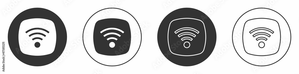 Black Wi-Fi wireless internet network symbol icon isolated on white background. Circle button. Vector Black Wi-Fi wireless internet network symbol icon isolated on white background. Circle button. Vector
