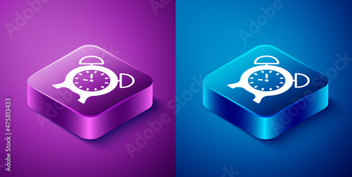 Isometric Alarm clock icon isolated on blue and purple background. Wake up, get up concept. Time sign. Square button. Vector