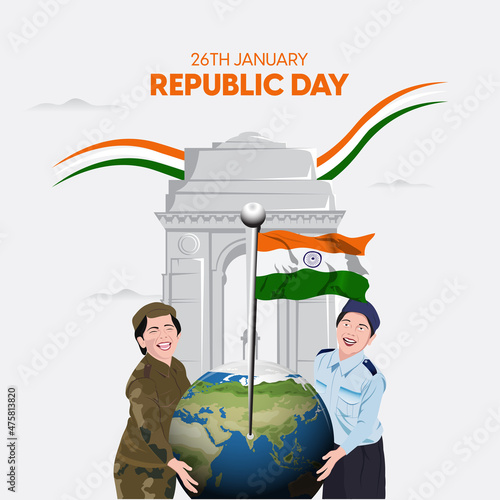 Indian republic Day celebrations with 26th January india 3d text and Ashoka Wheel, try color hand, man running with indian flag, india gate. vector illustration design
