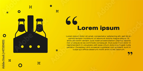 Black Pack of beer bottles icon isolated on yellow background. Case crate beer box sign. Vector