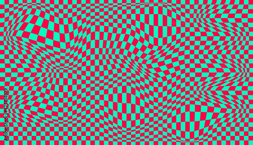 Distorted surface. Chess background with distortion. Optical illusion banner