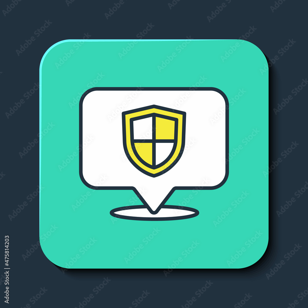 Filled outline Location shield icon isolated on blue background. Insurance concept. Guard sign. Security, safety, protection, privacy concept. Turquoise square button. Vector Filled outline Location shield icon isolated on blue background. Insurance concept. Guard sign. Security, safety, protection, privacy concept. Turquoise square button. Vector