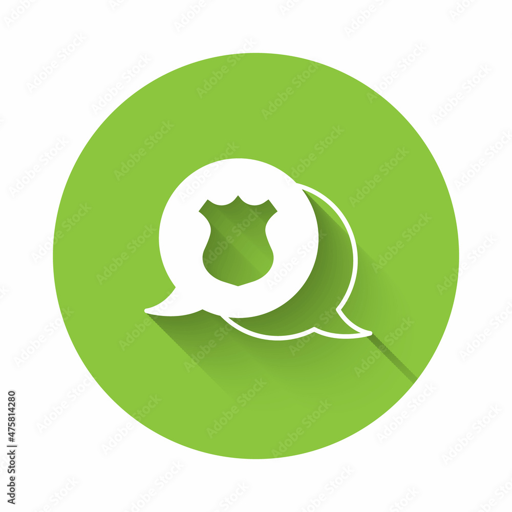 White Police badge icon isolated with long shadow background. Sheriff badge sign. Green circle button. Vector White Police badge icon isolated with long shadow background. Sheriff badge sign. Green circle button. Vector