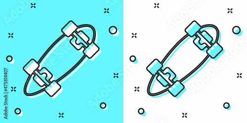 Black line Longboard or skateboard cruiser icon isolated on green and white background. Extreme sport. Sport equipment. Random dynamic shapes. Vector