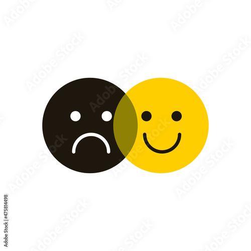 Sad and happy faces. Bipolar disorder logo. Psychology sign
