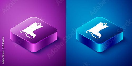 Isometric Waterproof rubber boot icon isolated on blue and purple background. Gumboots for rainy weather, fishing, gardening. Square button. Vector