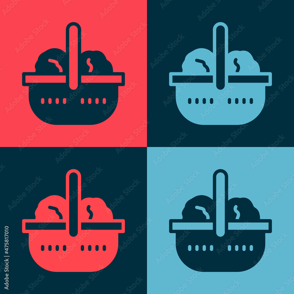 Pop art Shopping basket and food icon isolated on color background. Food store, supermarket. Vector Pop art Shopping basket and food icon isolated on color background. Food store, supermarket. Vector