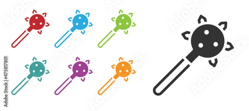 Black Medieval chained mace ball icon isolated on white background. Morgenstern medieval weapon or mace with spikes. Set icons colorful. Vector