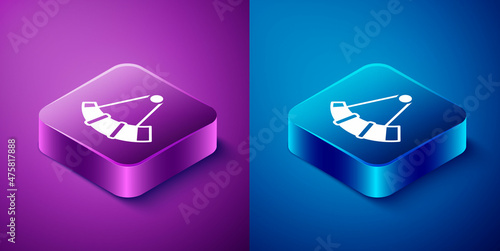Isometric Hunting horn icon isolated on blue and purple background. Square button. Vector