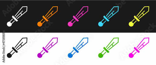 Set Medieval sword icon isolated on black and white background. Medieval weapon. Vector