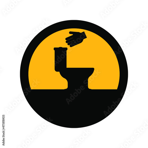 Toilet bowl and hand, black and yellow colors, round sign a white background, vector illustration