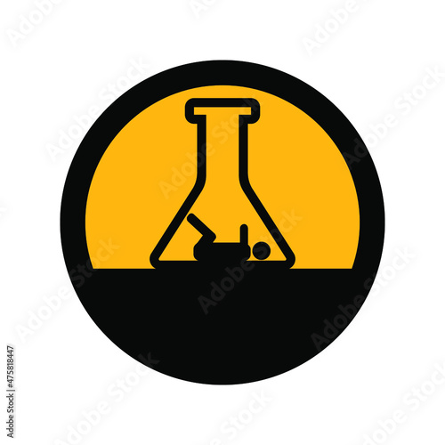 Flask or test tube and baby, artificial insemination icon, black and yellow color, round sign a white background, vector illustration