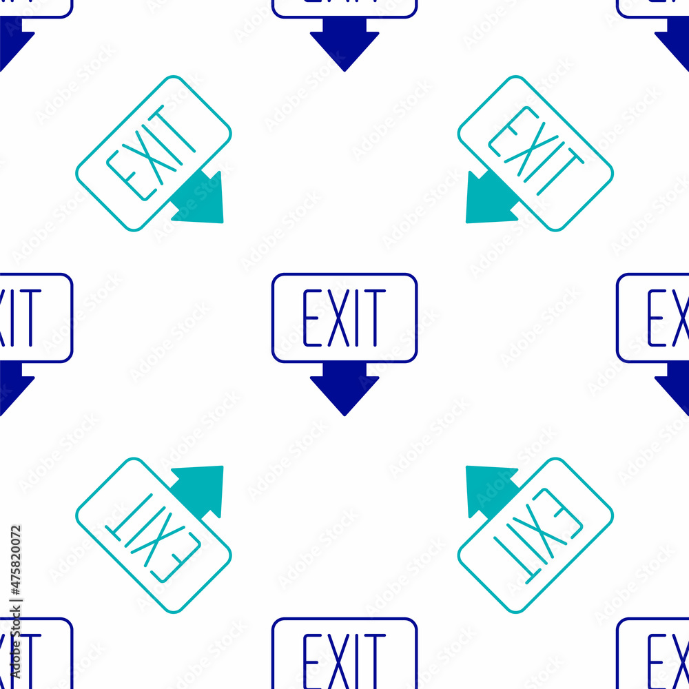 Blue Fire exit icon isolated seamless pattern on white background. Fire emergency icon. Vector Blue Fire exit icon isolated seamless pattern on white background. Fire emergency icon. Vector