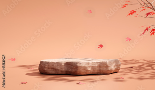 Fotografia Natural Stone platform product display 3d background or empty stage nature showcase japan maple leaf concept and cosmetic rock pedestal podium on beauty backdrop scene with summer presentation studio