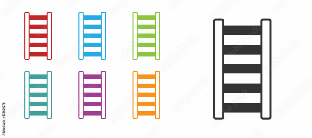 Black Fire escape icon isolated on white background. Pompier ladder. Fireman scaling ladder with a pole. Set icons colorful. Vector Black Fire escape icon isolated on white background. Pompier ladder. Fireman scaling ladder with a pole. Set icons colorful. Vector