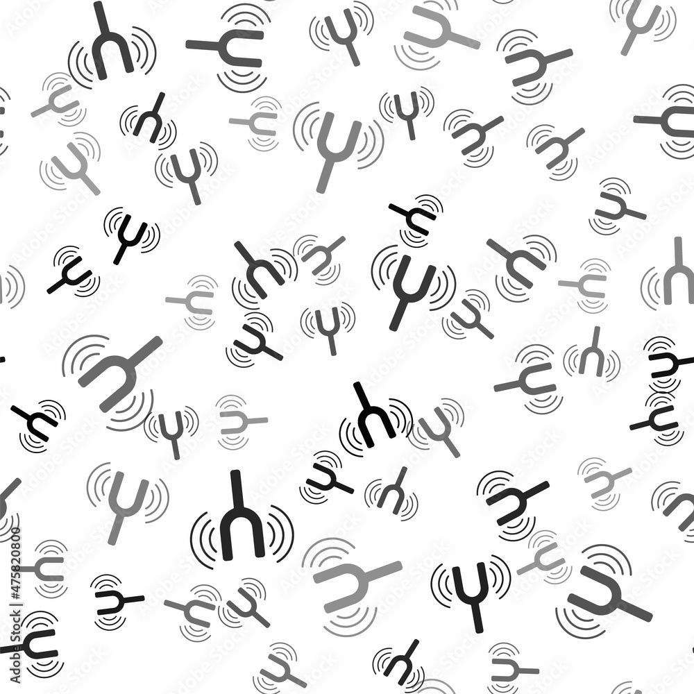 Black Musical tuning fork for tuning musical instruments icon isolated seamless pattern on white background. Vector
