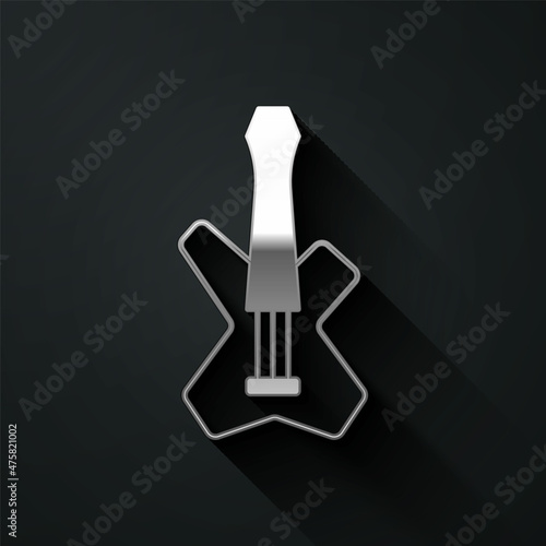 Silver Electric bass guitar icon isolated on black background. Long shadow style. Vector