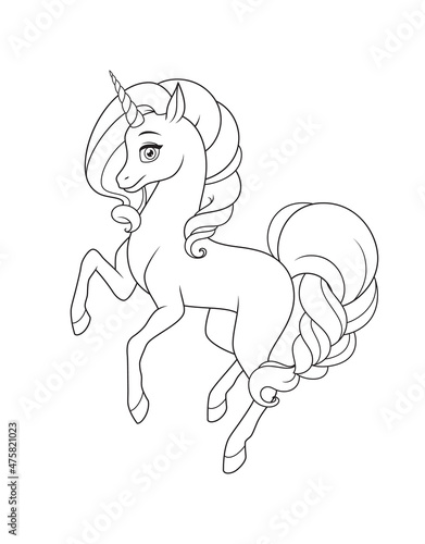 Prancing unicorn with curly mane and braided tail. Vector illustration for coloring book page.