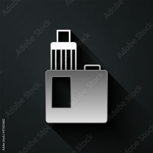 Silver Vape mod device icon isolated on black background. Vape smoking tool. Vaporizer Device. Long shadow style. Vector