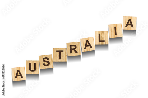 Australia, word on wooden blocks. Isolated on a white background.