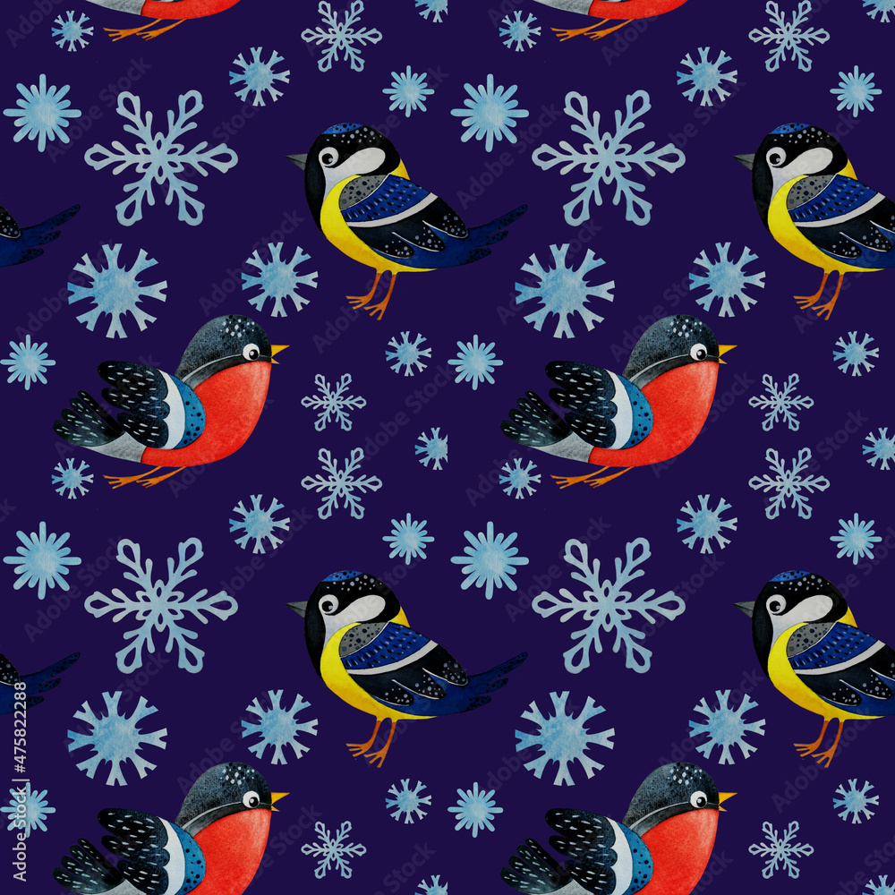 Fototapeta premium Seamless winter pattern with birds and snowflakes