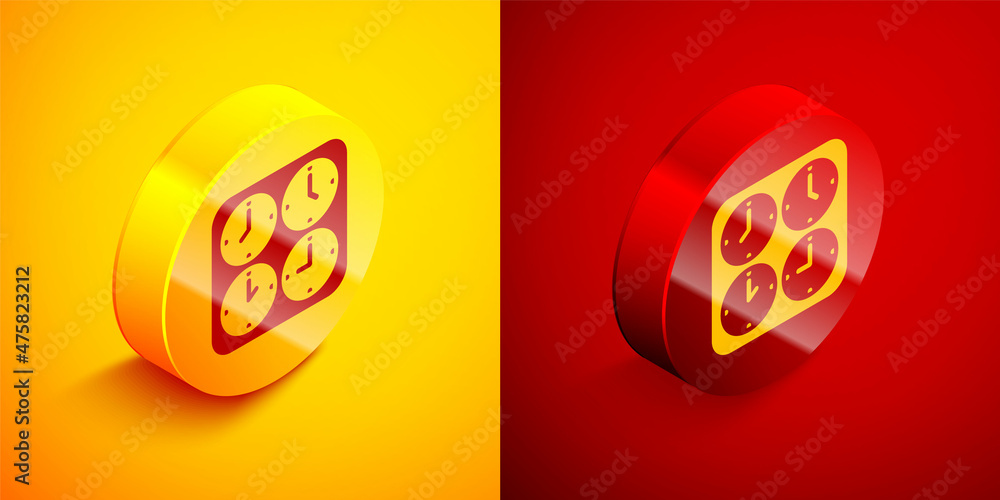Isometric Time zone clocks icon isolated on orange and red background. Circle button. Vector Isometric Time zone clocks icon isolated on orange and red background. Circle button. Vector