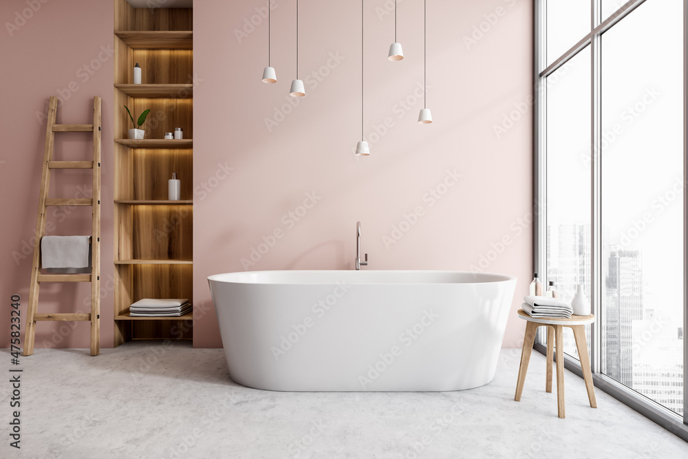 Light bathroom interior with bathtub, shelf rack and window with city view Light bathroom interior with bathtub, shelf rack and window with city view