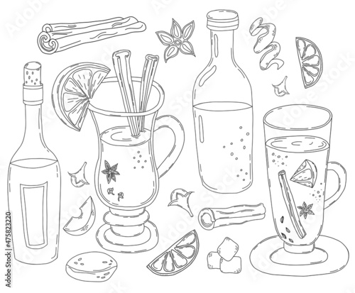 Set Christmas mulled wine. Glass and bottle of wine , orange slice, spices, cinnamon stick, cardamom, cloves and lemon zest. Vector illustration, in linear hand-drawn style. Isolated outline drawing
