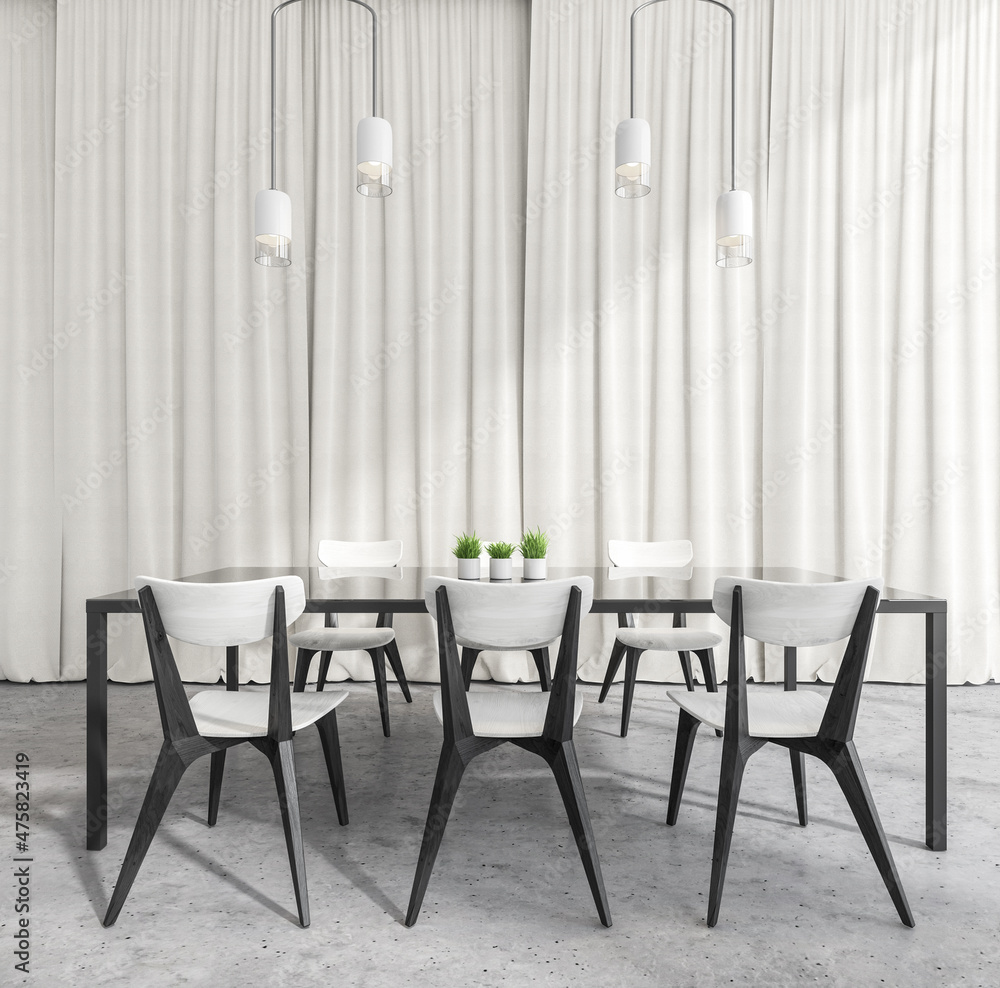 White dining room with curtains on background