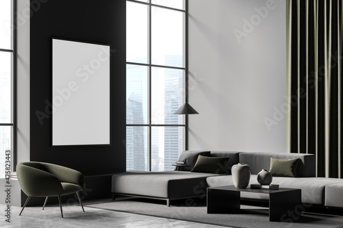 Dark living room interior with empty white poster, panoramic window