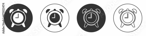 Black Alarm clock icon isolated on white background. Wake up, get up concept. Time sign. Circle button. Vector