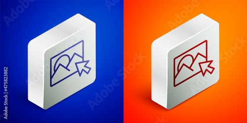 Isometric line Photo retouching icon isolated on blue and orange background. Photographer, photography, retouch icon. Silver square button. Vector