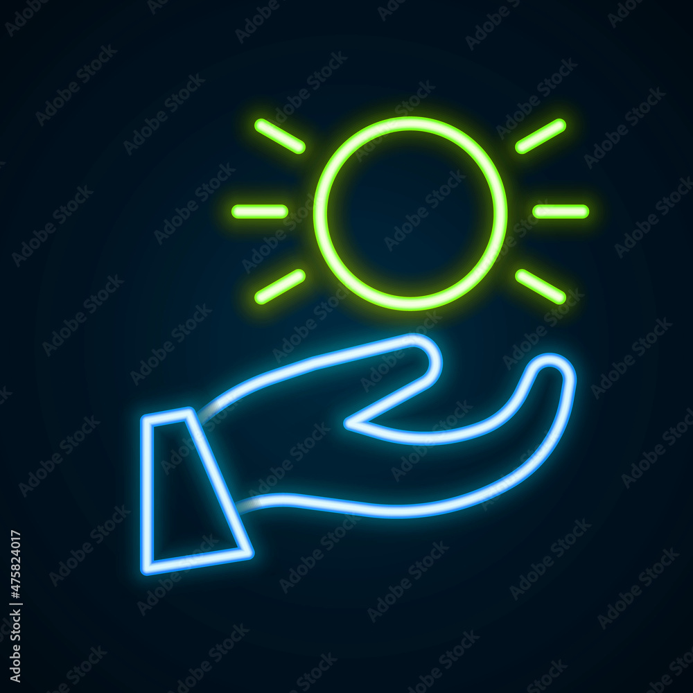 Glowing neon line Ball levitating above hand icon isolated on black background. Levitation symbol. Colorful outline concept. Vector Glowing neon line Ball levitating above hand icon isolated on black background. Levitation symbol. Colorful outline concept. Vector