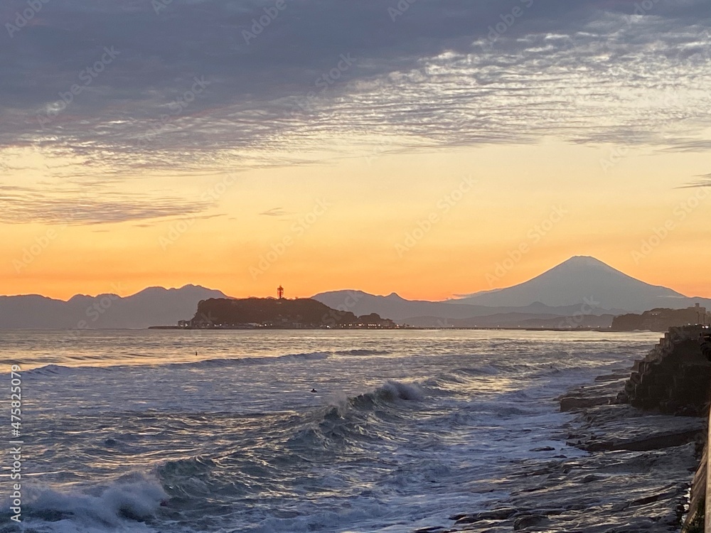 beautiful sunset time in the seaside park with the view of Mt.Fuji in Japan