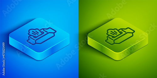 Isometric line Wet wipe pack icon isolated on blue and green background. Square button. Vector