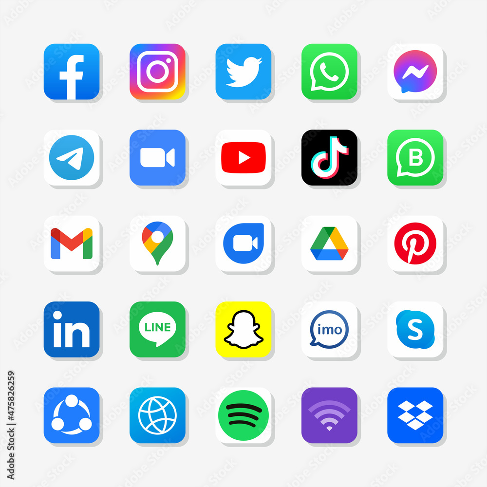 Set of mobile apps logo of facebook, instagram, twitter, whatsapp