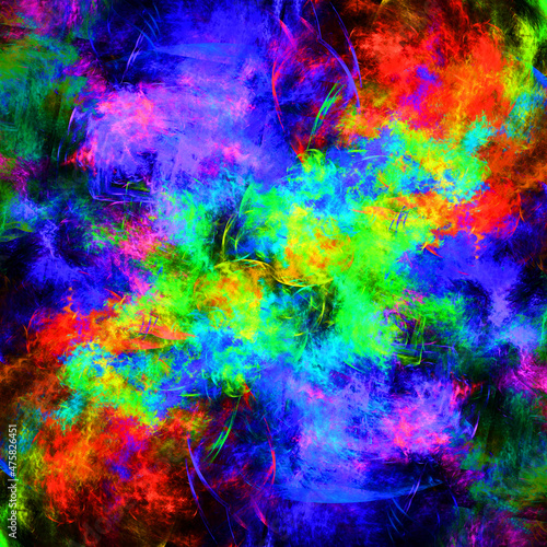 Composición de arte digital fractal consistente en manchas de colores llamativos formando un todo con apariencia de ser el encuentro simétrico de gases fluorescentes.