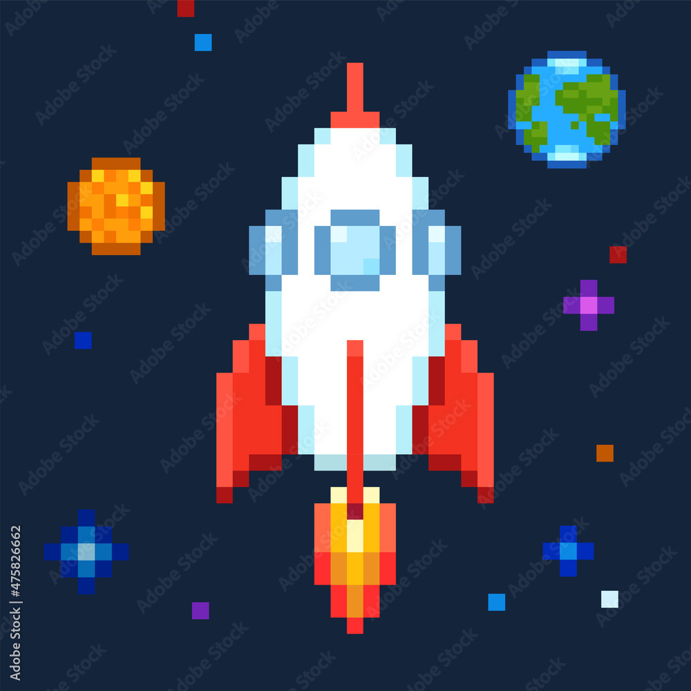 Pixel art Launch Rocket Space Ship on cosmic space background with ...