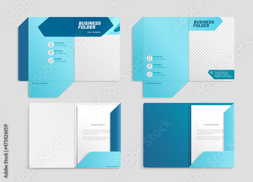 A4 Document Folder Mock-Up set with abstract geometric  branding design. Business stationery folder template with corporate identity digital graphics	