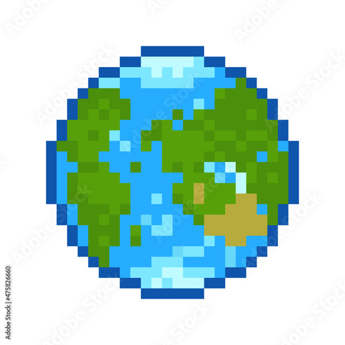 Pixel art planet Earth icon vector illustration on white background. Pixel planet for 8-bit retro game