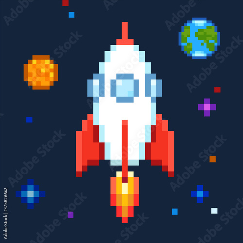 Pixel art Launch Rocket Space Ship on cosmic space background with Earth planet. Pixel cartoon Rocket in retro 80s video game style