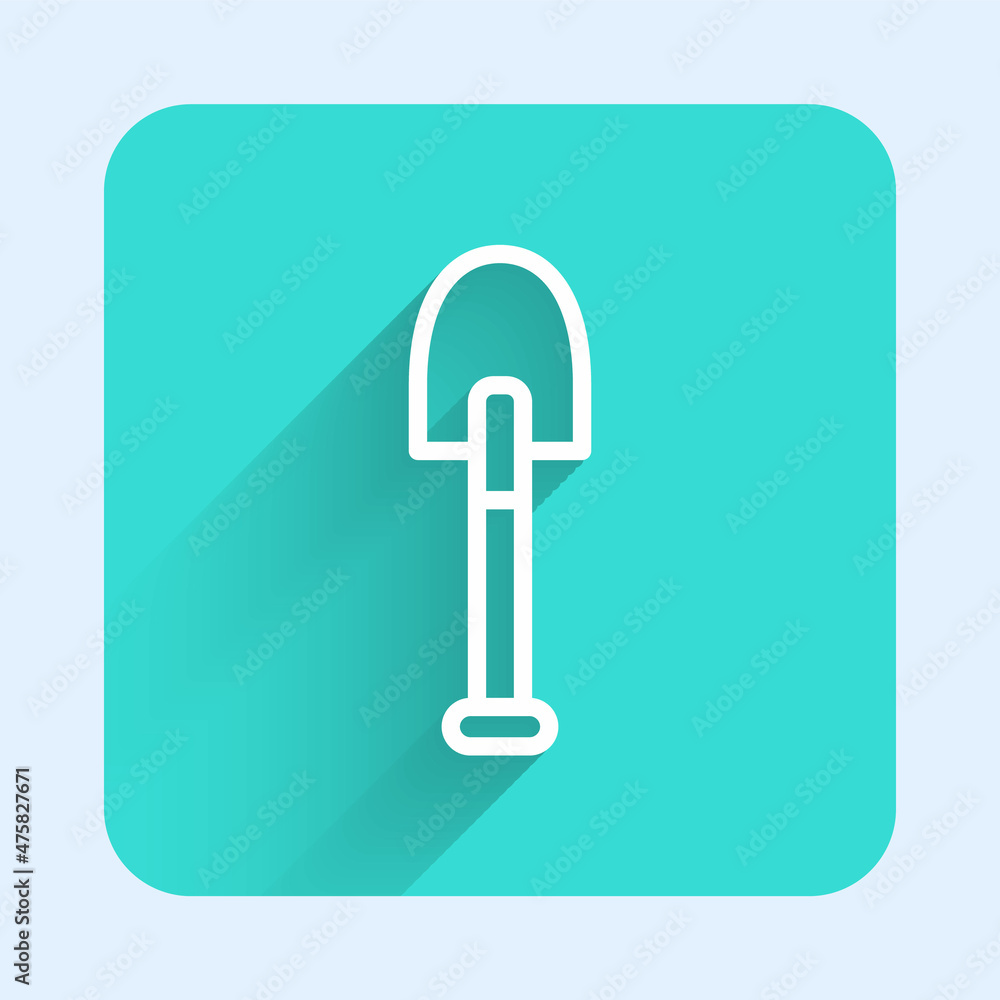 White line Shovel icon isolated with long shadow background. Gardening tool. Tool for horticulture, agriculture, farming. Green square button. Vector White line Shovel icon isolated with long shadow background. Gardening tool. Tool for horticulture, agriculture, farming. Green square button. Vector
