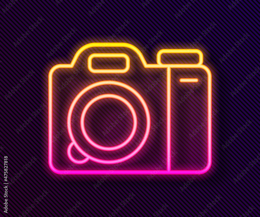 Glowing neon line Photo camera icon isolated on black background. Foto camera. Digital photography. Vector Glowing neon line Photo camera icon isolated on black background. Foto camera. Digital photography. Vector