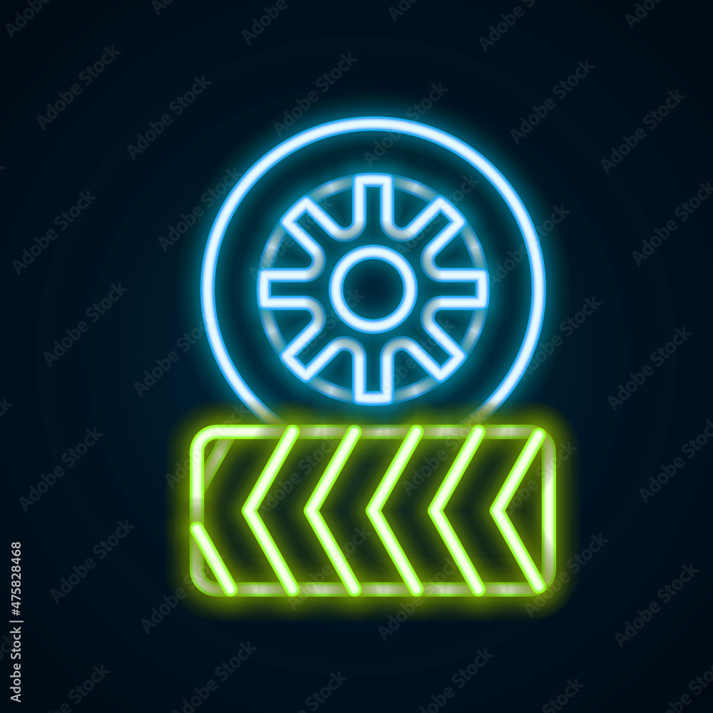 Glowing neon line Car tire wheel icon isolated on black background. Colorful outline concept. Vector Glowing neon line Car tire wheel icon isolated on black background. Colorful outline concept. Vector