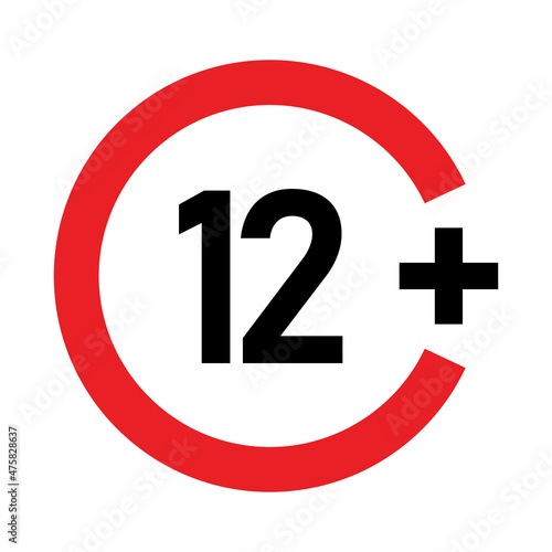 12 plus sign. Twelve. Age restrictions, censorship, parental control. Icon for content, movies and toys.