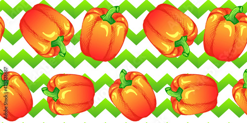 Seamless pattern illustration of sweet bell pepper in bright colors. Illustration for advertising, packaging or publishing recipes. Culinary illustration of vegetables