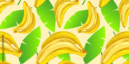 Seamless pattern illustration of bananas and leaves of a banana tree in vibrant colors. Illustration for advertising, packaging or publishing recipes. Culinary illustration of vegetables